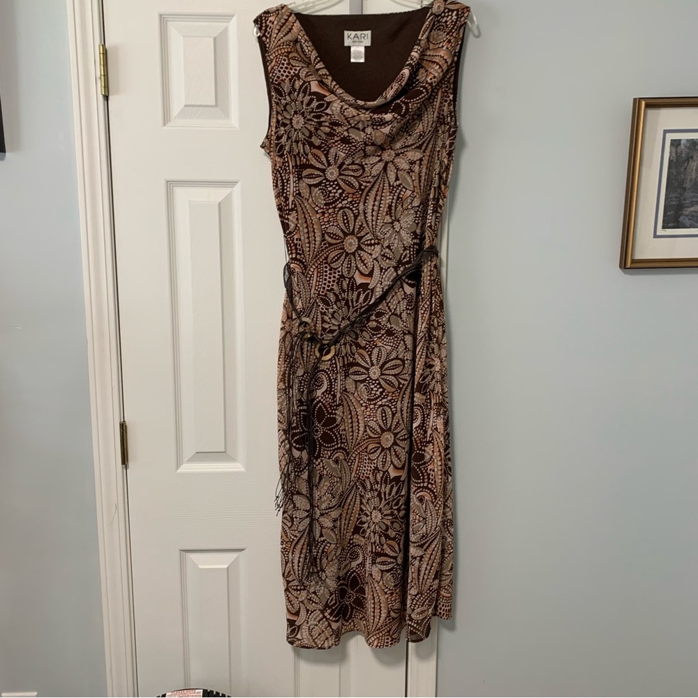 Kari NY Brown Floral Drape Front Dress sz 16